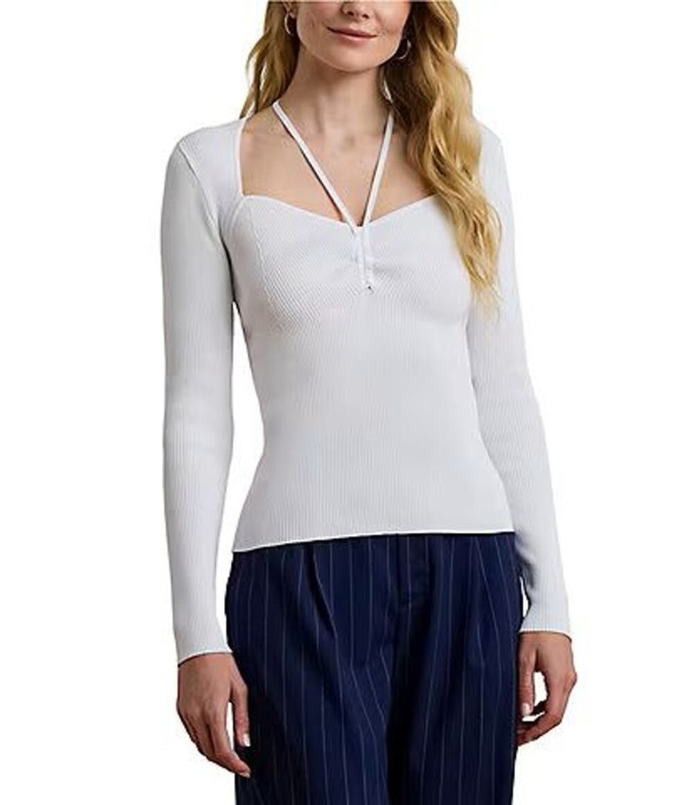 Lauren Ralph Lauren Rib Knit Halter Sweetheart Neck Long Sleeve Slim Fit Sweater